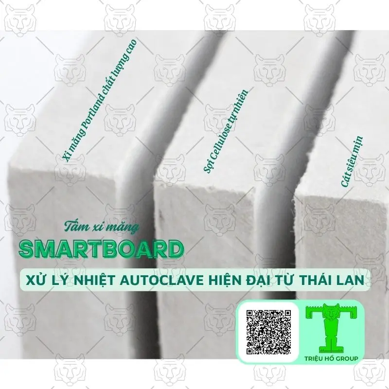 Ba tấm smartboard màu xám nhạt với các cạnh được dán nhãn thành phần xi măng Portland, sợi cellulose và cát siêu mịn