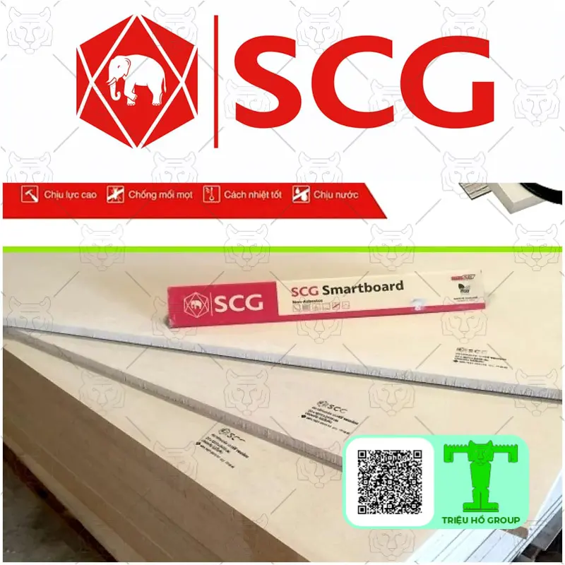 Các tấm smartboard SCG xếp chồng lên nhau với logo SCG và hộp sản phẩm, cùng các đặc tính nổi bật như chịu lực, chống mối