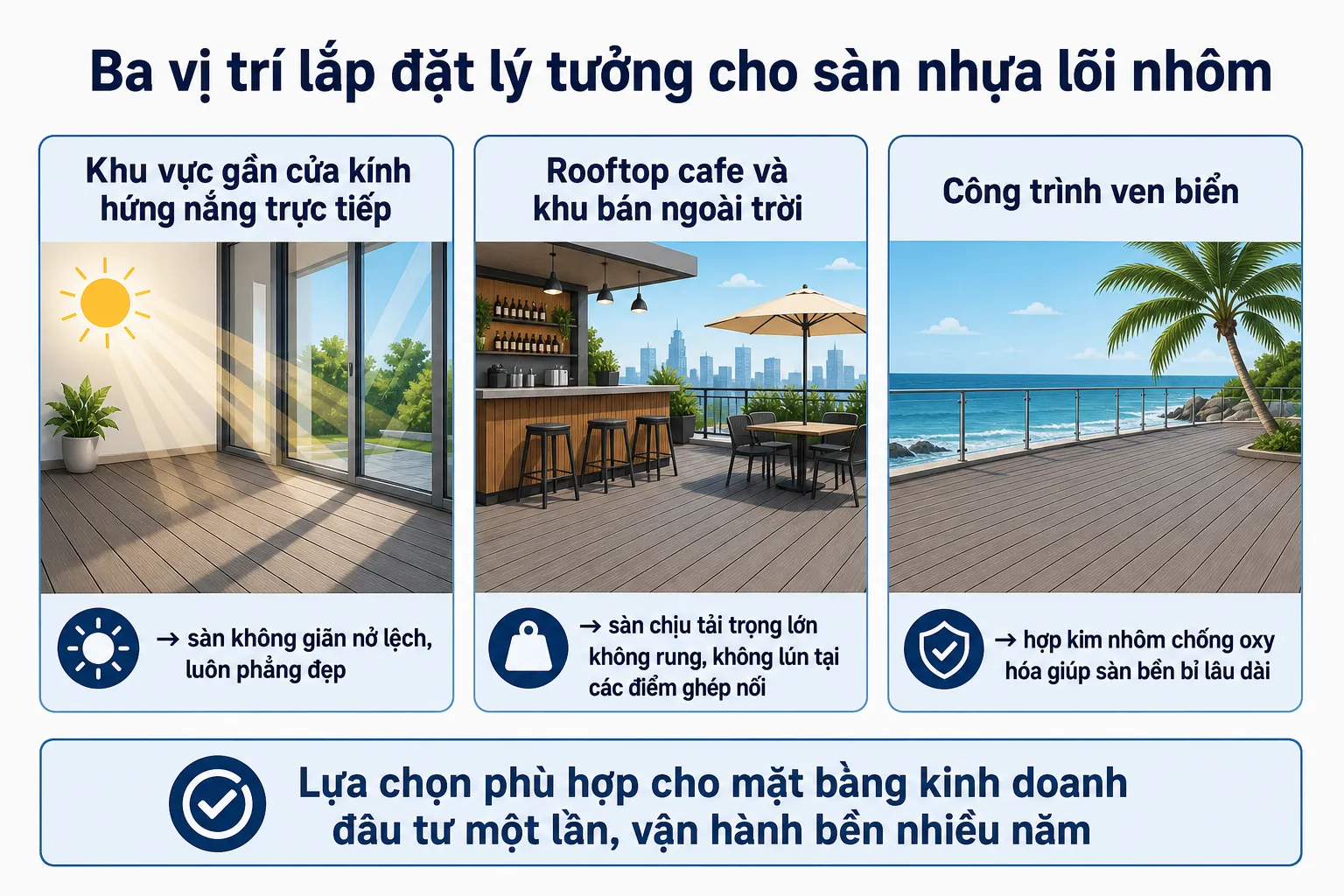 Ba hình ảnh minh họa các vị trí lý tưởng lắp đặt sàn nhựa lõi nhôm: khu vực hứng nắng, quán cà phê sân thượng và công trình