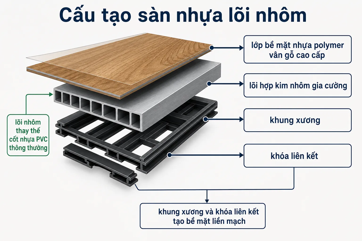 Sơ đồ cấu tạo sàn nhựa lõi nhôm với các lớp bề mặt vân gỗ, lõi hợp kim nhôm, khung xương và khóa liên kết