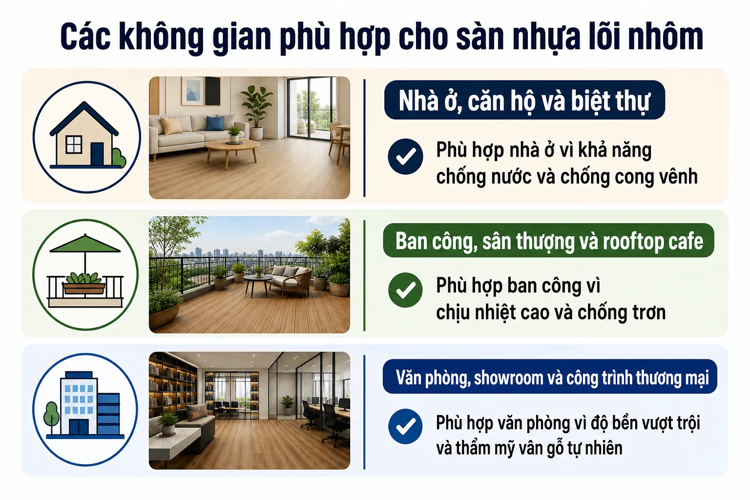 Infographic minh họa các không gian phù hợp cho sàn nhựa lõi nhôm, bao gồm nhà ở, ban công, văn phòng và showroom