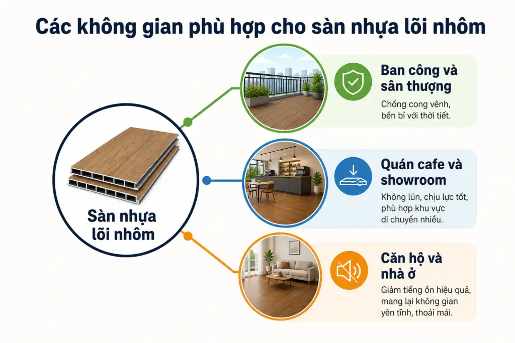 Diagram showing three suitable space categories for aluminum core flooring: balcony and rooftop, cafes and showrooms, and apartments and houses, with supporting notes from the article.