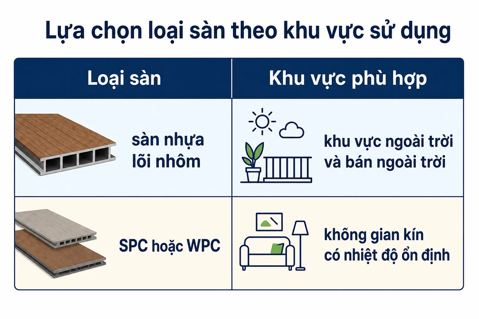 Biểu đồ so sánh sàn nhựa lõi nhôm với sàn SPC hoặc WPC, minh họa cấu tạo và khu vực sử dụng phù hợp