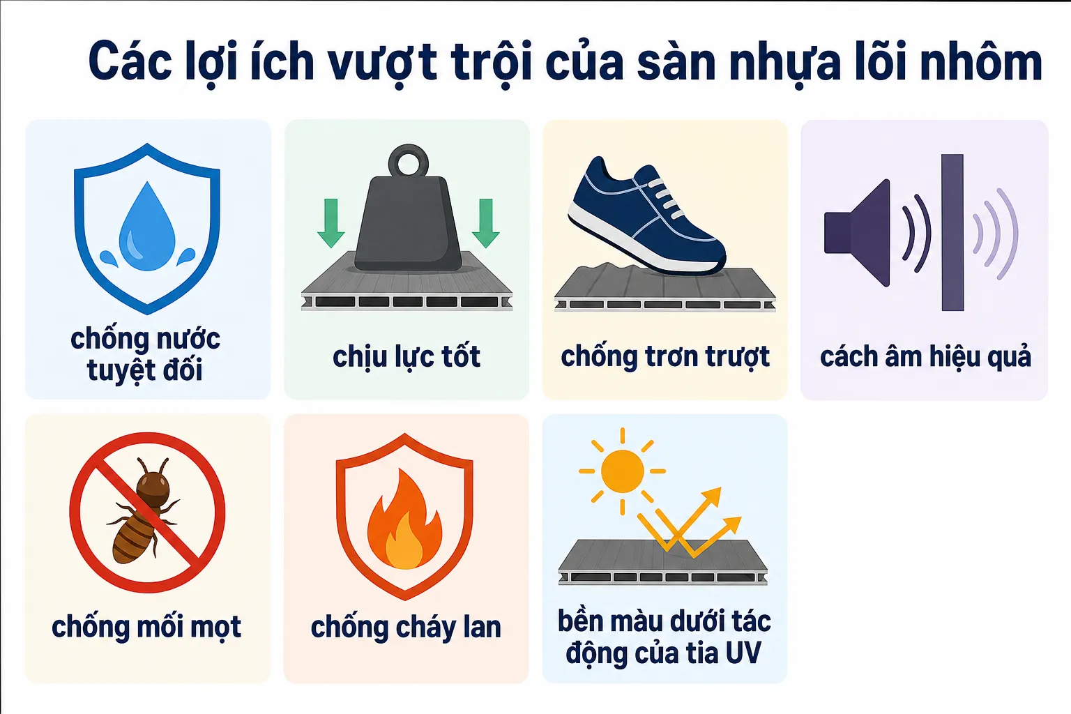 Infographic minh họa 7 lợi ích của sàn nhựa lõi nhôm: chống nước, chịu lực, chống trơn trượt, cách âm, chống mối mọt, chống