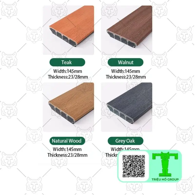 Bốn mẫu ván composite vân gỗ với các màu Teak, Walnut, Natural Wood và Grey Oak, hiển thị cấu trúc rỗng và kích thước 145mm