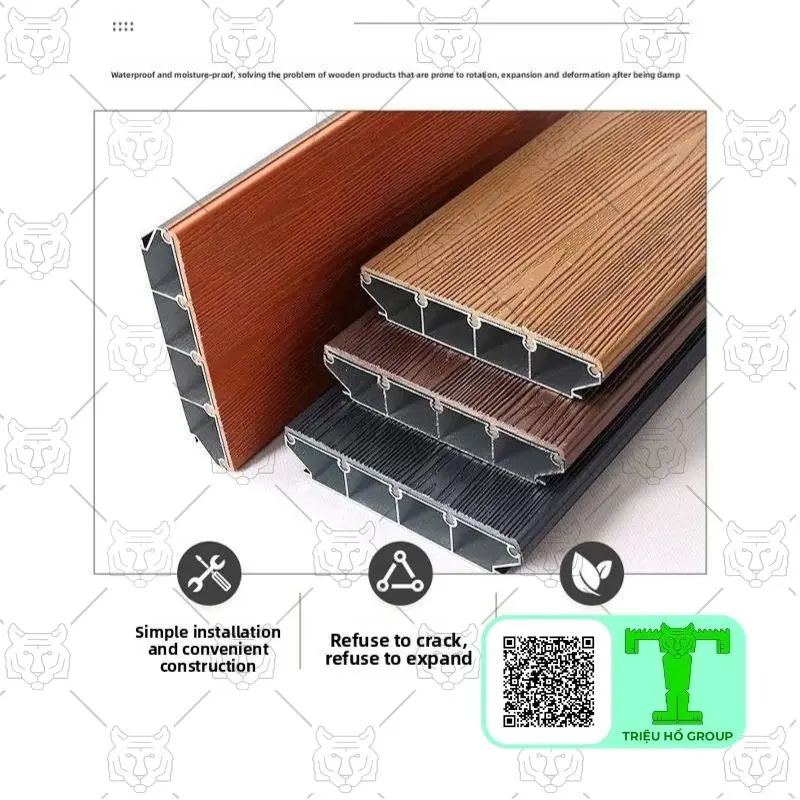 Các mặt cắt của tấm sàn nhựa lõi nhôm với bề mặt vân gỗ và cấu trúc lõi rỗng bên trong, thể hiện ba màu sắc khác nhau