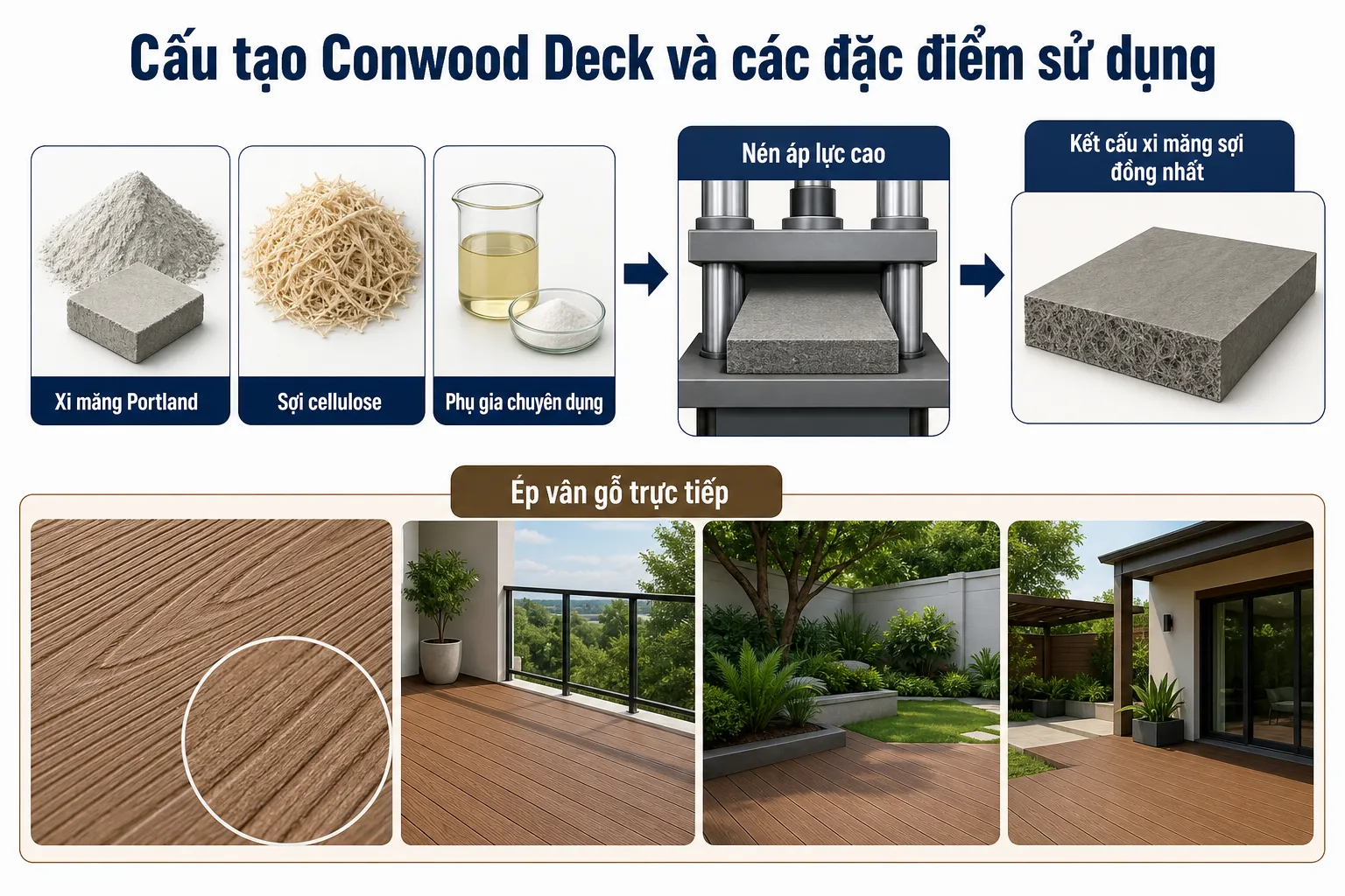 Sơ đồ cấu tạo Conwood Deck từ xi măng, sợi cellulose, phụ gia, quy trình ép và các hình ảnh sàn giả gỗ vân mộc ứng dụng