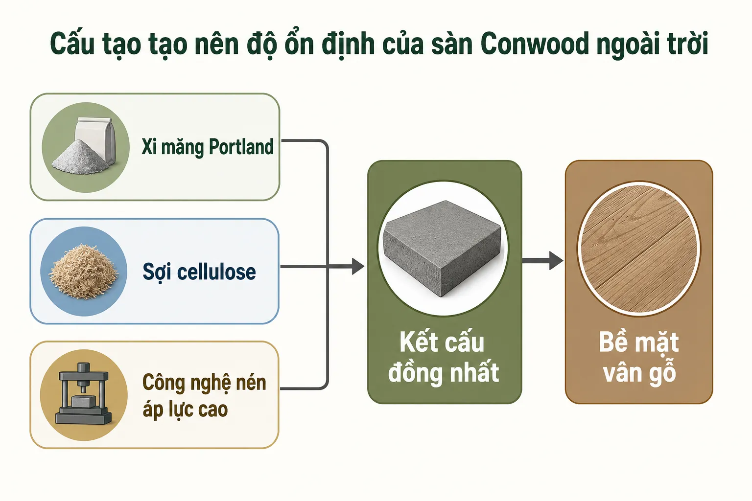 Sơ đồ minh họa cấu tạo sàn Conwood ngoài trời từ xi măng Portland, sợi cellulose, công nghệ nén áp lực cao tạo kết cấu đồng