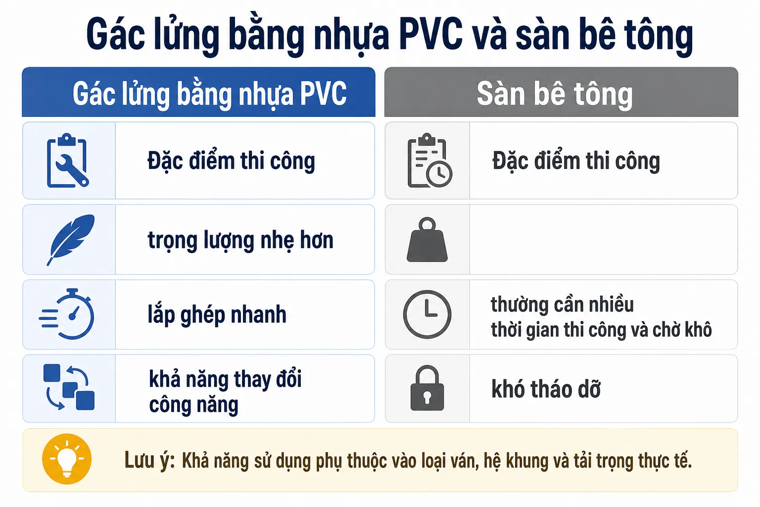 Bảng so sánh đặc điểm thi công, trọng lượng, lắp đặt và khả năng thay đổi công năng của gác lửng bằng ván nhựa PVC và sàn bê
