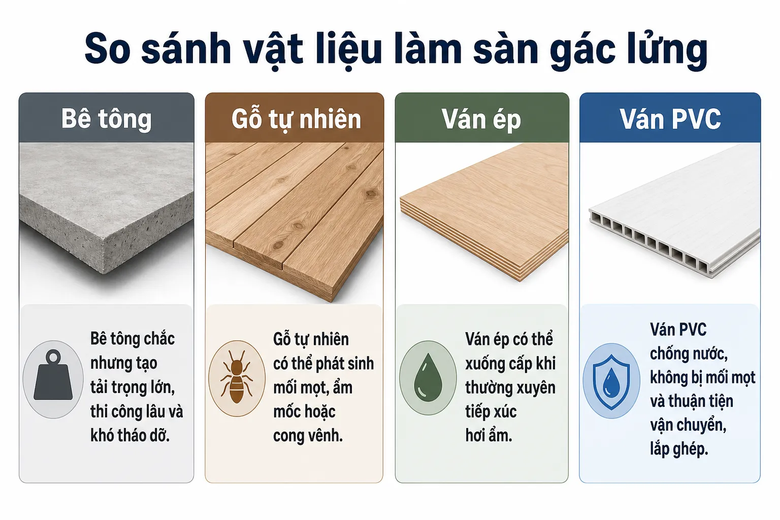 Bốn mẫu vật liệu làm sàn gác lửng gồm bê tông, gỗ tự nhiên, ván ép và ván nhựa PVC, kèm theo mô tả ưu nhược điểm của từng