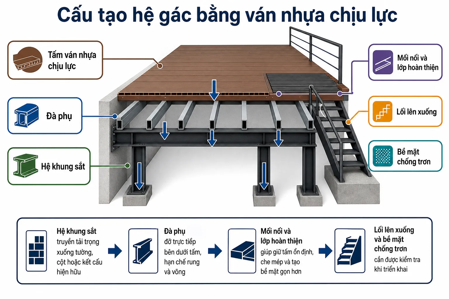 Sơ đồ cấu tạo hệ gác lửng bằng ván nhựa chịu lực với khung sắt, đà phụ, ván sàn và cầu thang