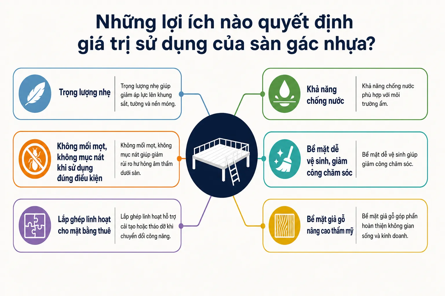 Biểu đồ thông tin minh họa 6 lợi ích chính của sàn gác nhựa, bao gồm trọng lượng nhẹ, chống nước và dễ vệ sinh