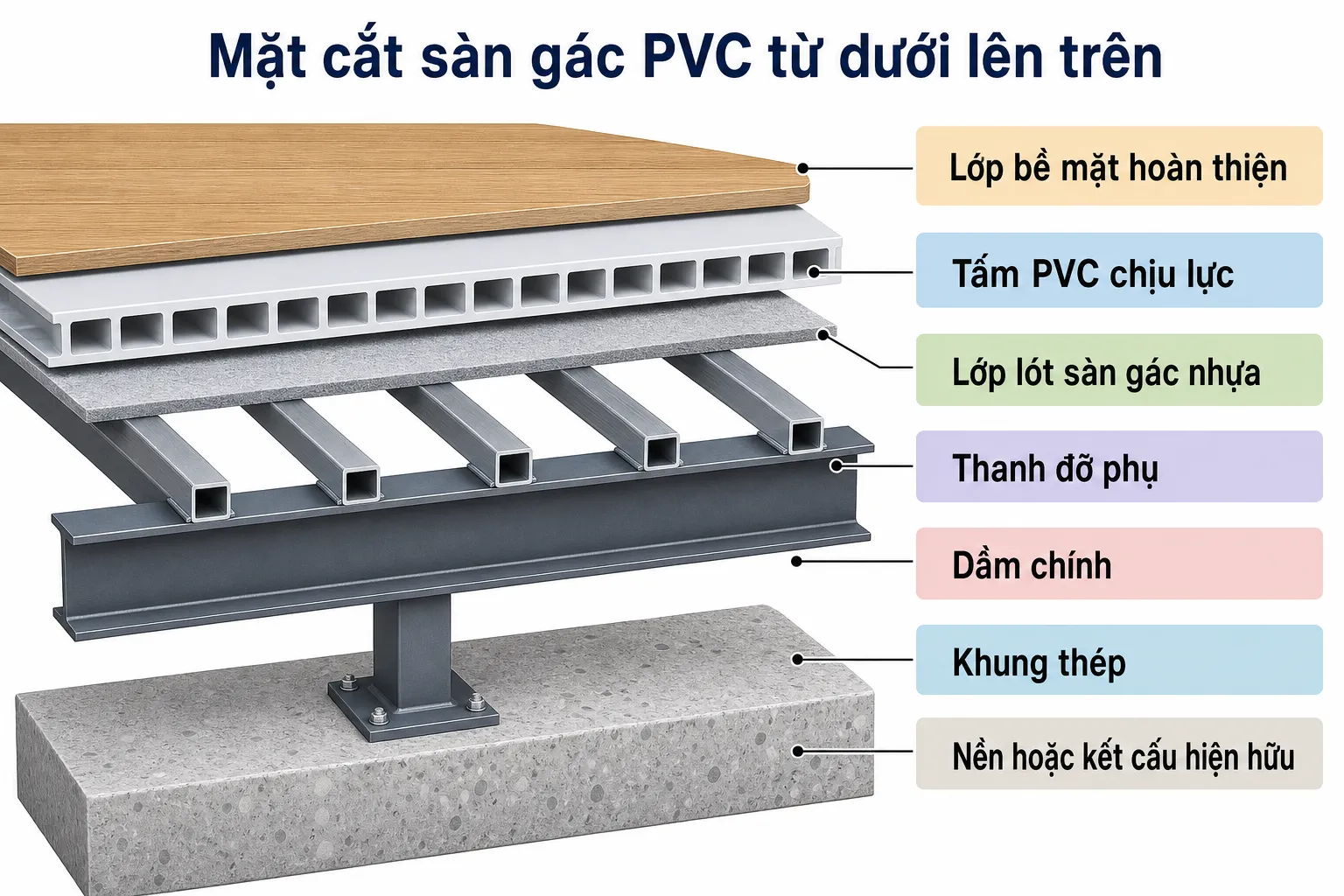 Mặt cắt cấu tạo sàn gác ván nhựa PVC với các lớp từ nền, khung thép, dầm, thanh đỡ, lớp lót, tấm PVC chịu lực và lớp bề mặt