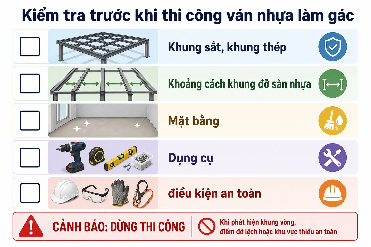 Infographic hướng dẫn kiểm tra khung, khoảng cách, mặt bằng, dụng cụ và điều kiện an toàn trước khi thi công ván nhựa lót
