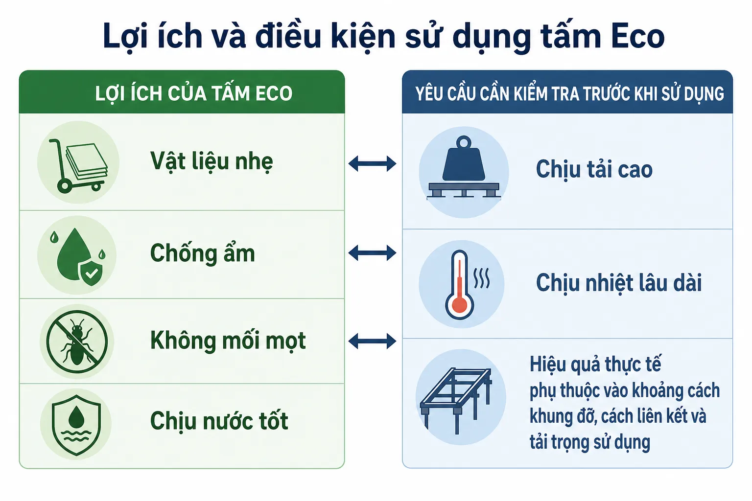 Biểu đồ thông tin về lợi ích của tấm Eco (nhẹ, chống ẩm, không mối mọt, chịu nước) và các yêu cầu cần kiểm tra trước khi sử