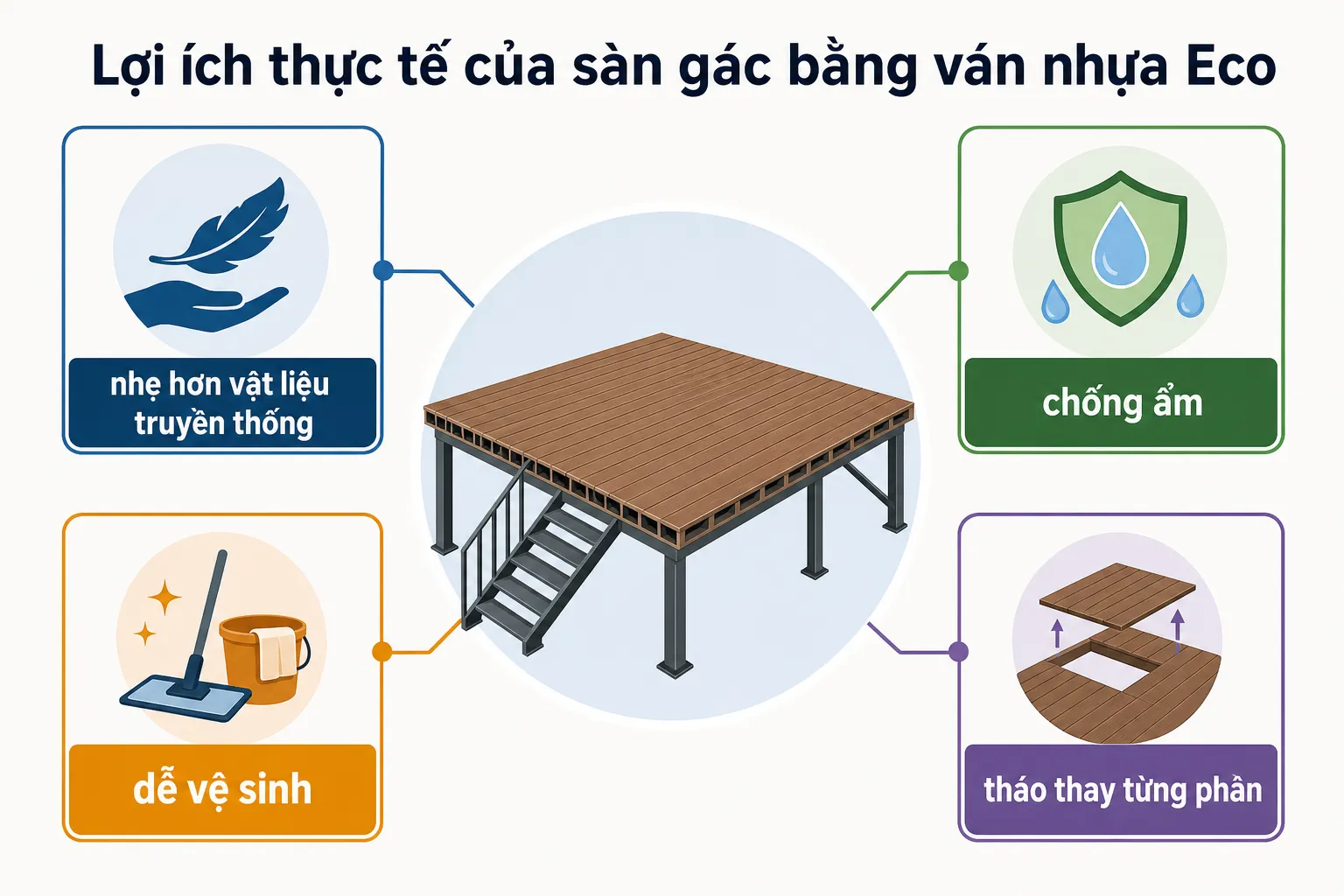 Biểu đồ thông tin minh họa sàn gác bằng ván nhựa Eco và 4 lợi ích chính: nhẹ, chống ẩm, dễ vệ sinh, tháo lắp từng phần