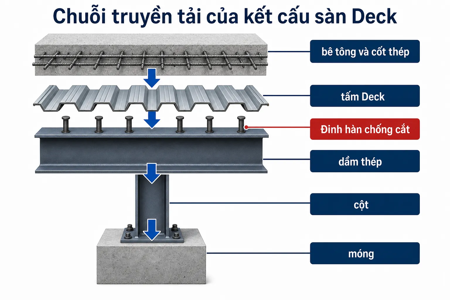 Sơ đồ dòng truyền tải từ bê tông và cốt thép qua tấm Deck và dầm thép xuống cột, móng.