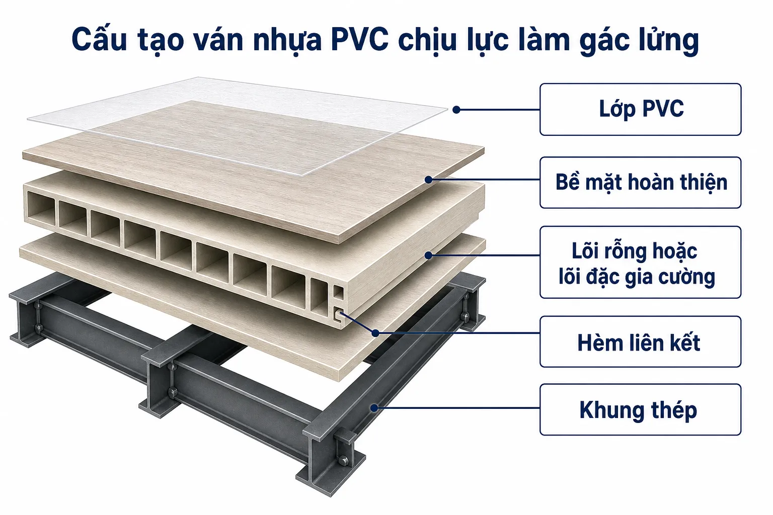 Sơ đồ cấu tạo ván nhựa PVC chịu lực làm gác lửng, với các lớp PVC, bề mặt, lõi rỗng, hèm liên kết và khung thép