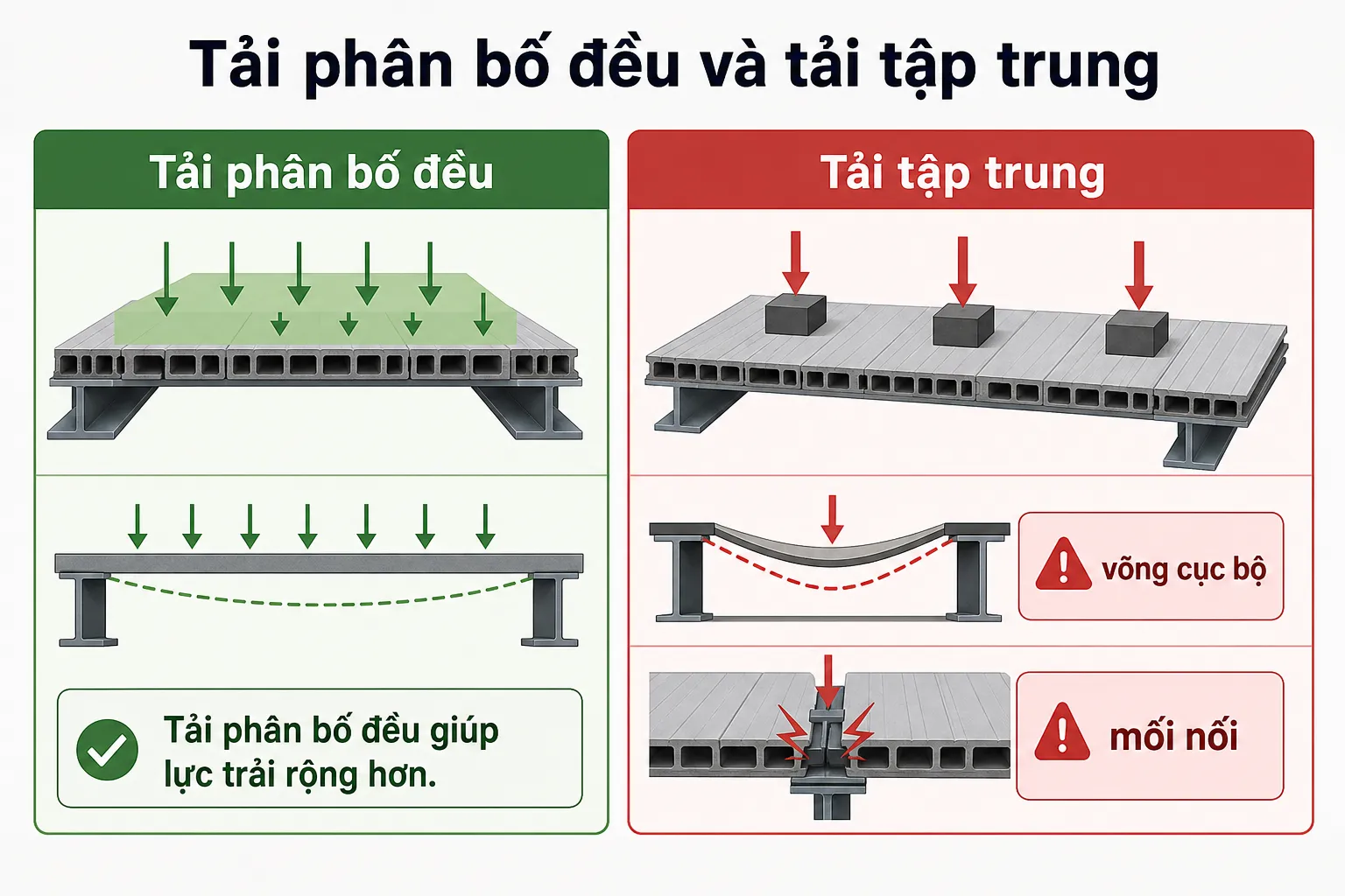 Biểu đồ so sánh tải phân bố đều và tải tập trung trên sàn ván nhựa rỗng, minh họa biến dạng và ảnh hưởng đến mối nối