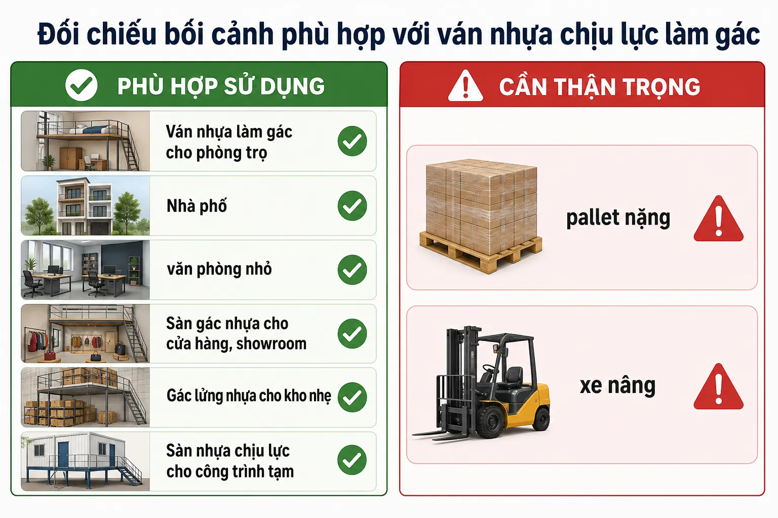 Biểu đồ so sánh các bối cảnh phù hợp và cần thận trọng khi sử dụng ván nhựa chịu lực làm gác, minh họa các loại hình không