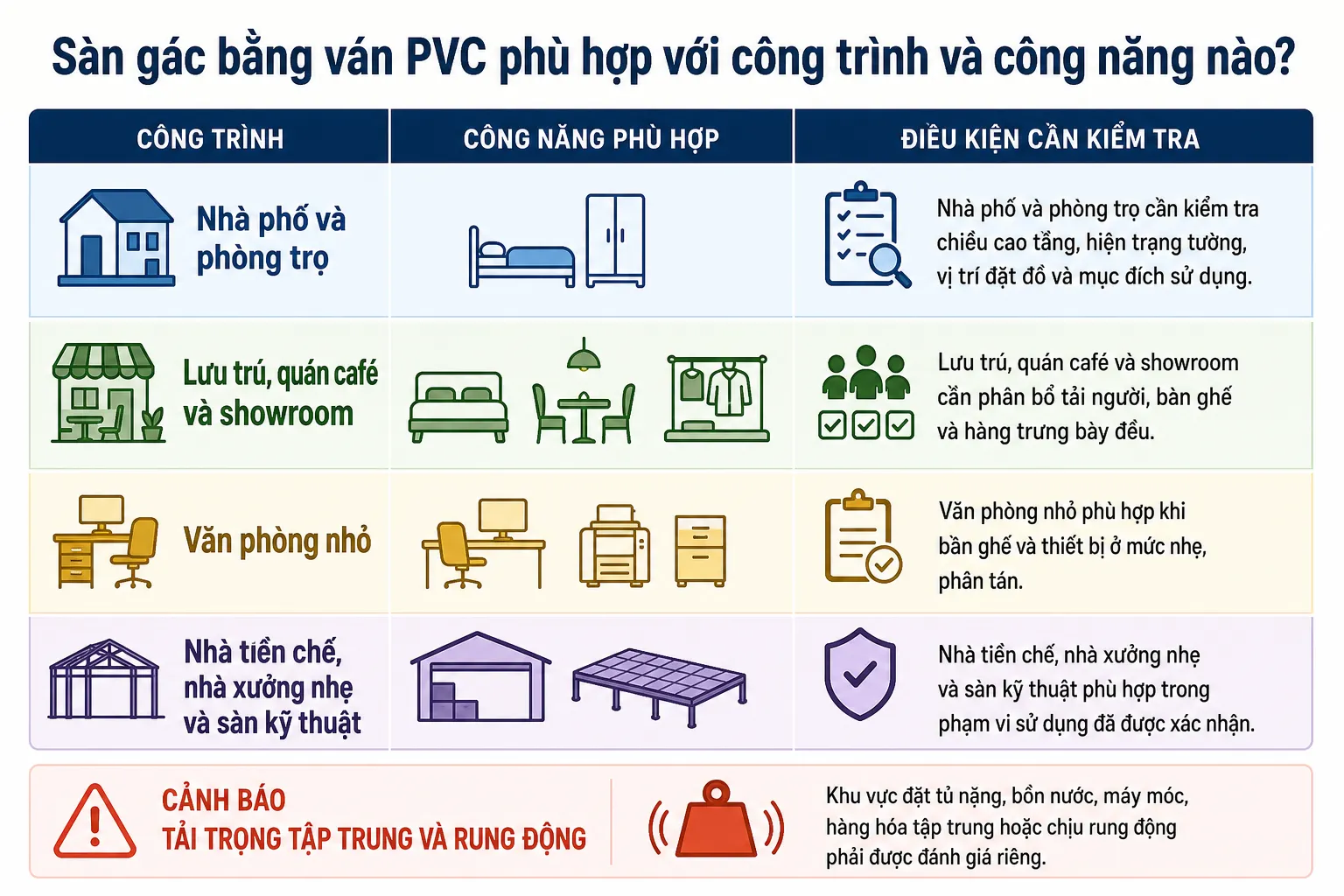 Biểu đồ infographic minh họa các loại công trình, công năng phù hợp và điều kiện kiểm tra cho sàn gác bằng ván nhựa PVC, kèm
