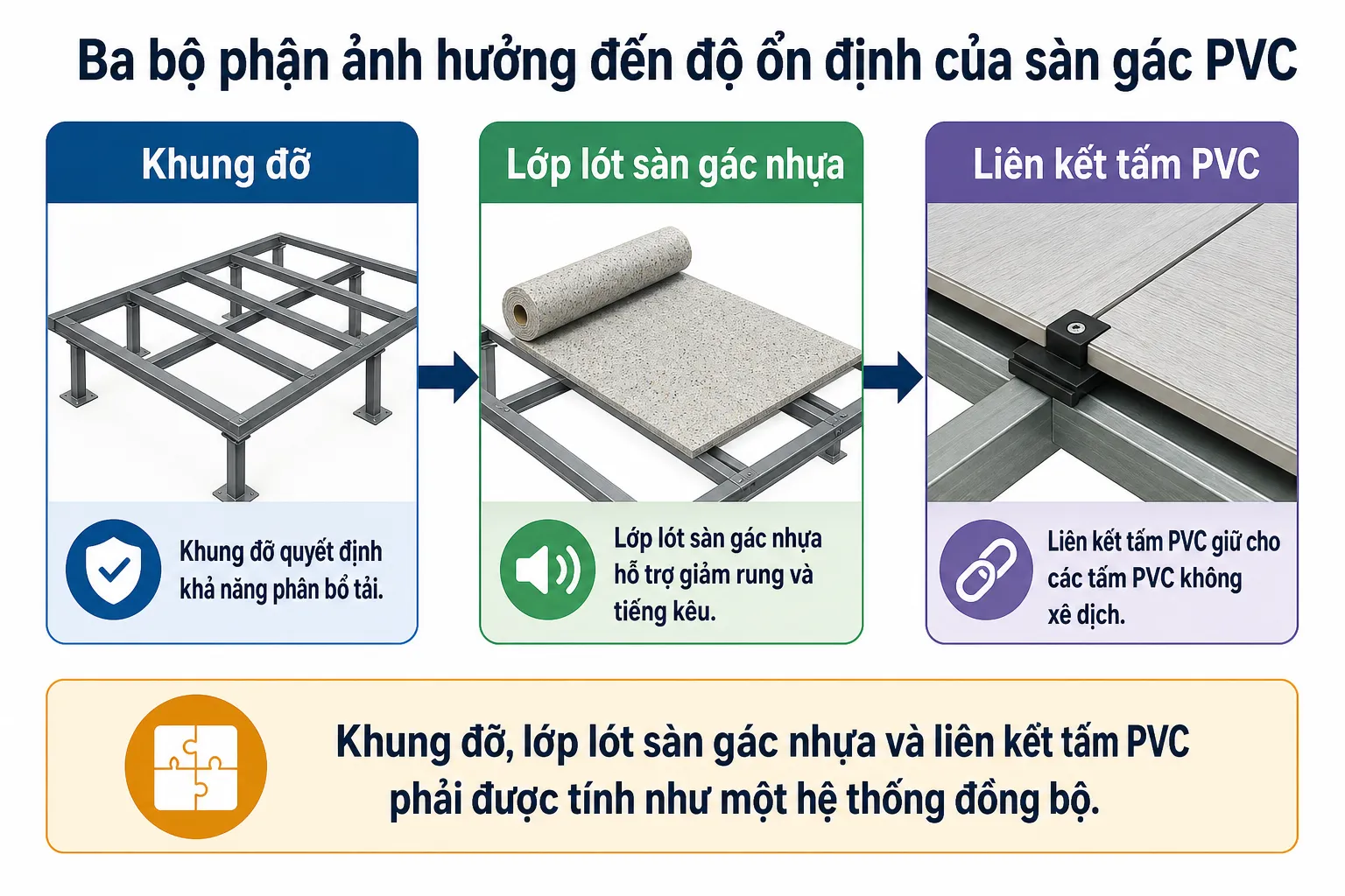 Sơ đồ minh họa cấu tạo sàn gác bằng ván nhựa PVC, gồm khung đỡ, lớp lót và liên kết tấm