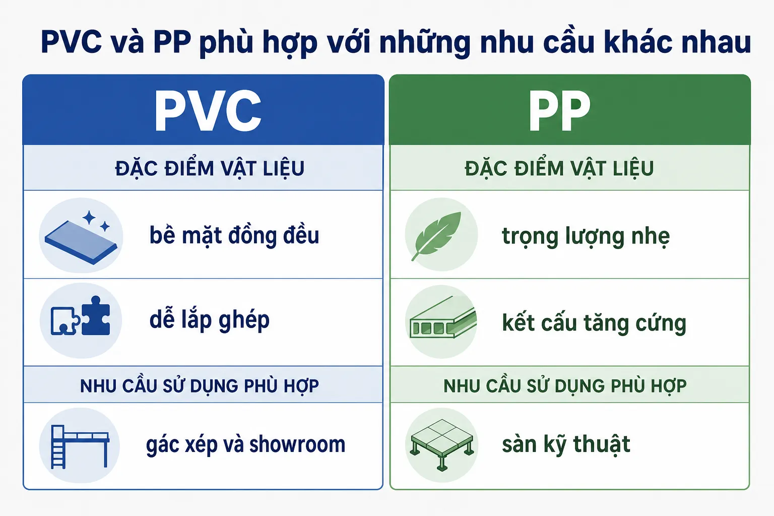 Biểu đồ so sánh đặc điểm và nhu cầu sử dụng của vật liệu PVC (cho gác xép, showroom) và PP (cho sàn kỹ thuật)