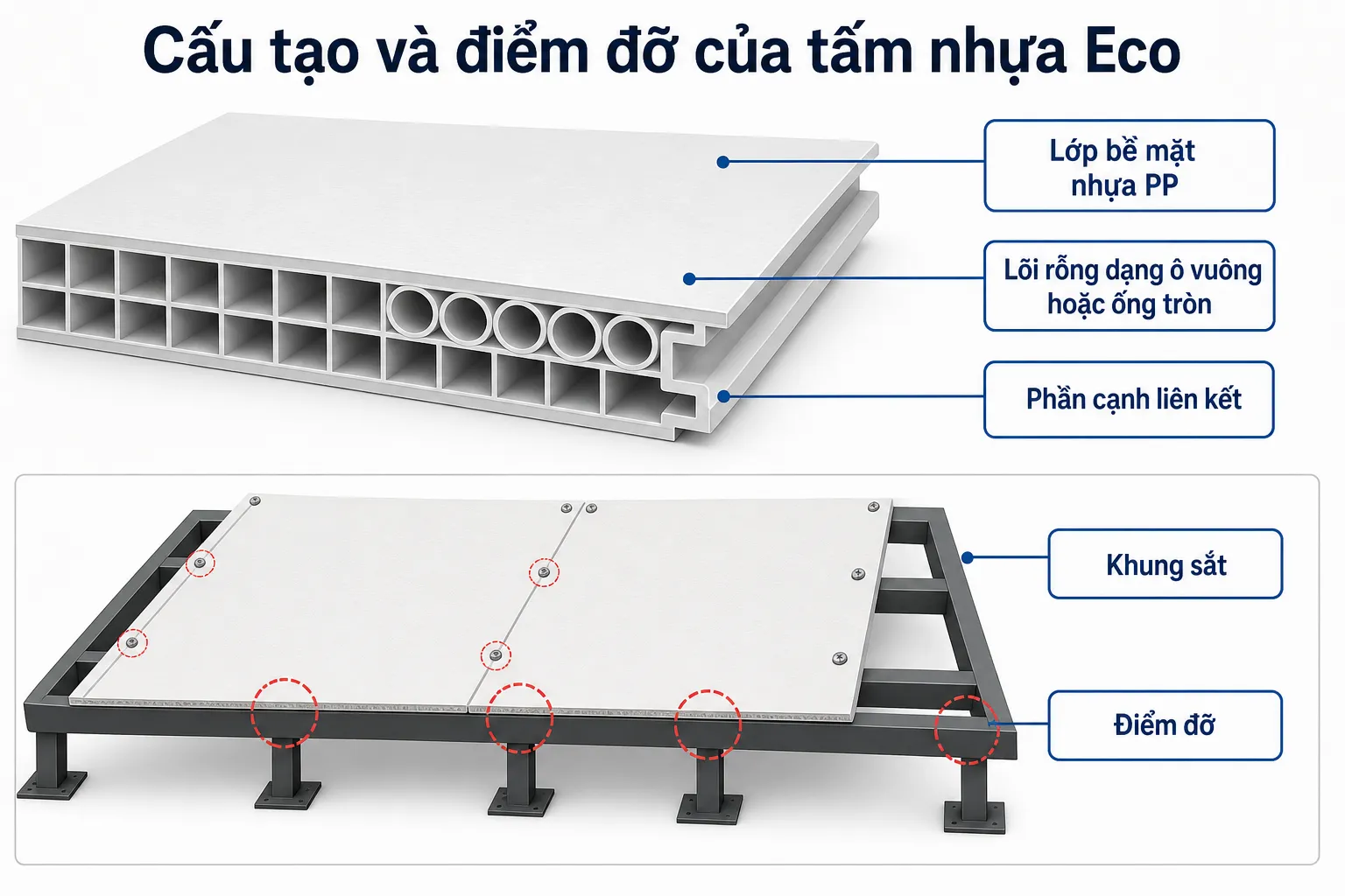 Cấu tạo tấm nhựa Eco với lõi rỗng dạng ô vuông, ống tròn và cách lắp đặt trên khung sắt có điểm đỡ