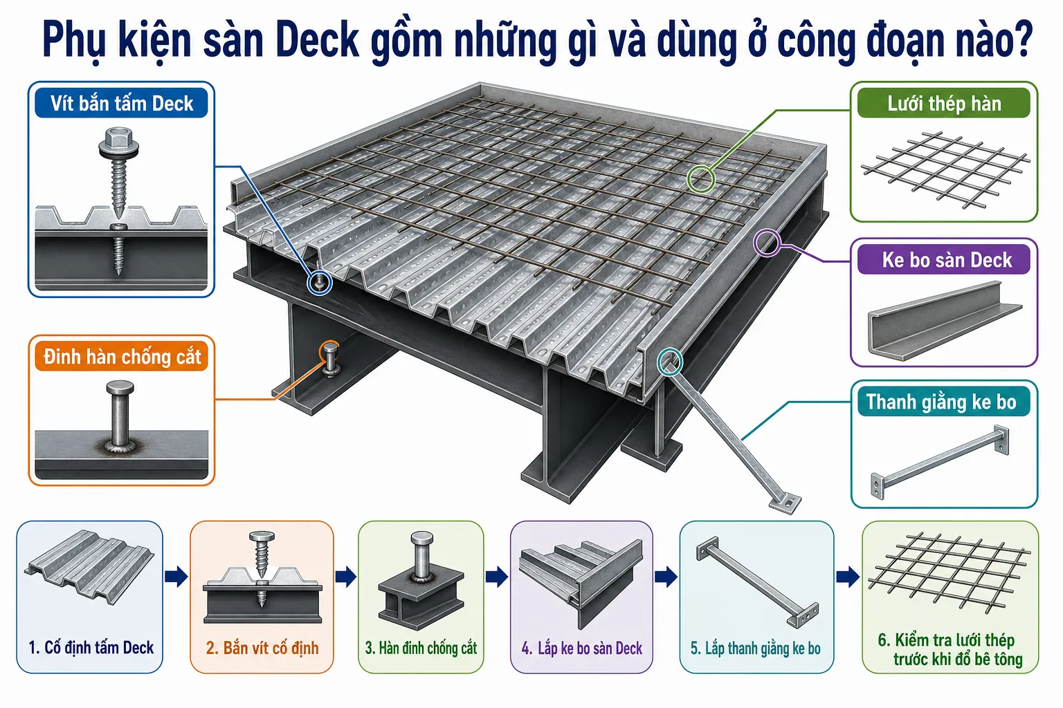 Sơ đồ minh họa các phụ kiện và quy trình lắp đặt hệ thống sàn Deck, bao gồm tấm tôn, vít, đinh hàn, ke bo và lưới thép