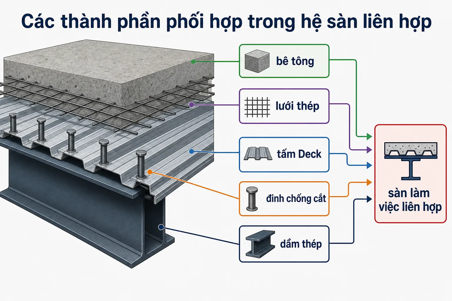 Sơ đồ minh họa các thành phần chính của hệ sàn liên hợp bao gồm bê tông, lưới thép, tấm Deck, đinh chống cắt và dầm thép