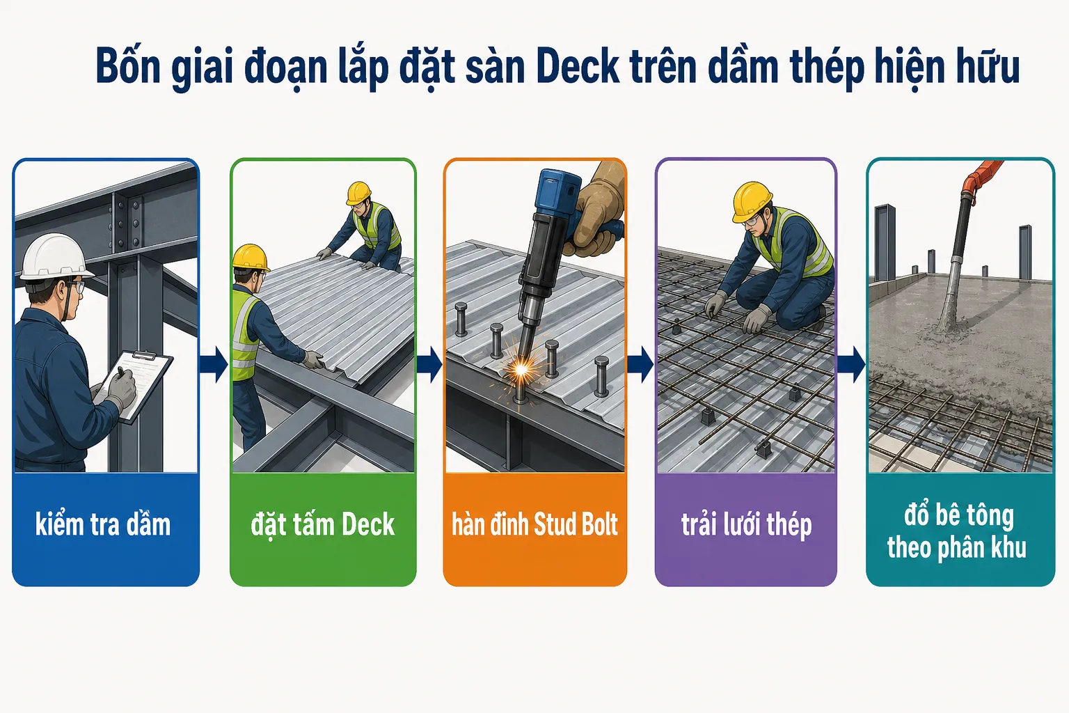 Các bước lắp đặt sàn liên hợp thép - bê tông: kiểm tra dầm, đặt tấm Deck, hàn đinh chống cắt, trải lưới thép và đổ bê tông