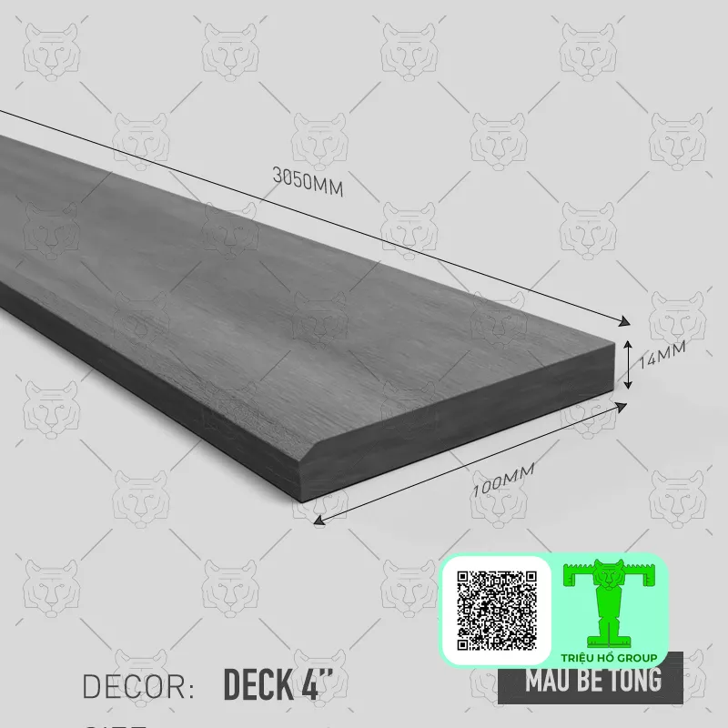 Thanh sàn Conwood màu xám với kích thước dài 3050mm, rộng 100mm và dày 14mm, hiển thị thông số kỹ thuật