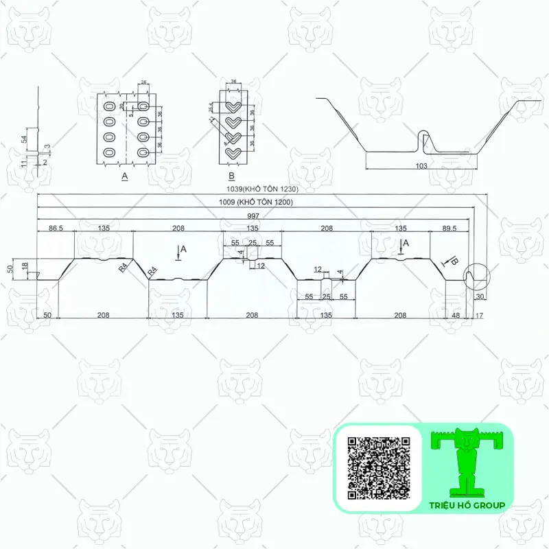 Bản vẽ kỹ thuật chi tiết mặt cắt ngang của tấm sàn deck kim loại, hiển thị các kích thước chiều rộng và chiều cao sóng